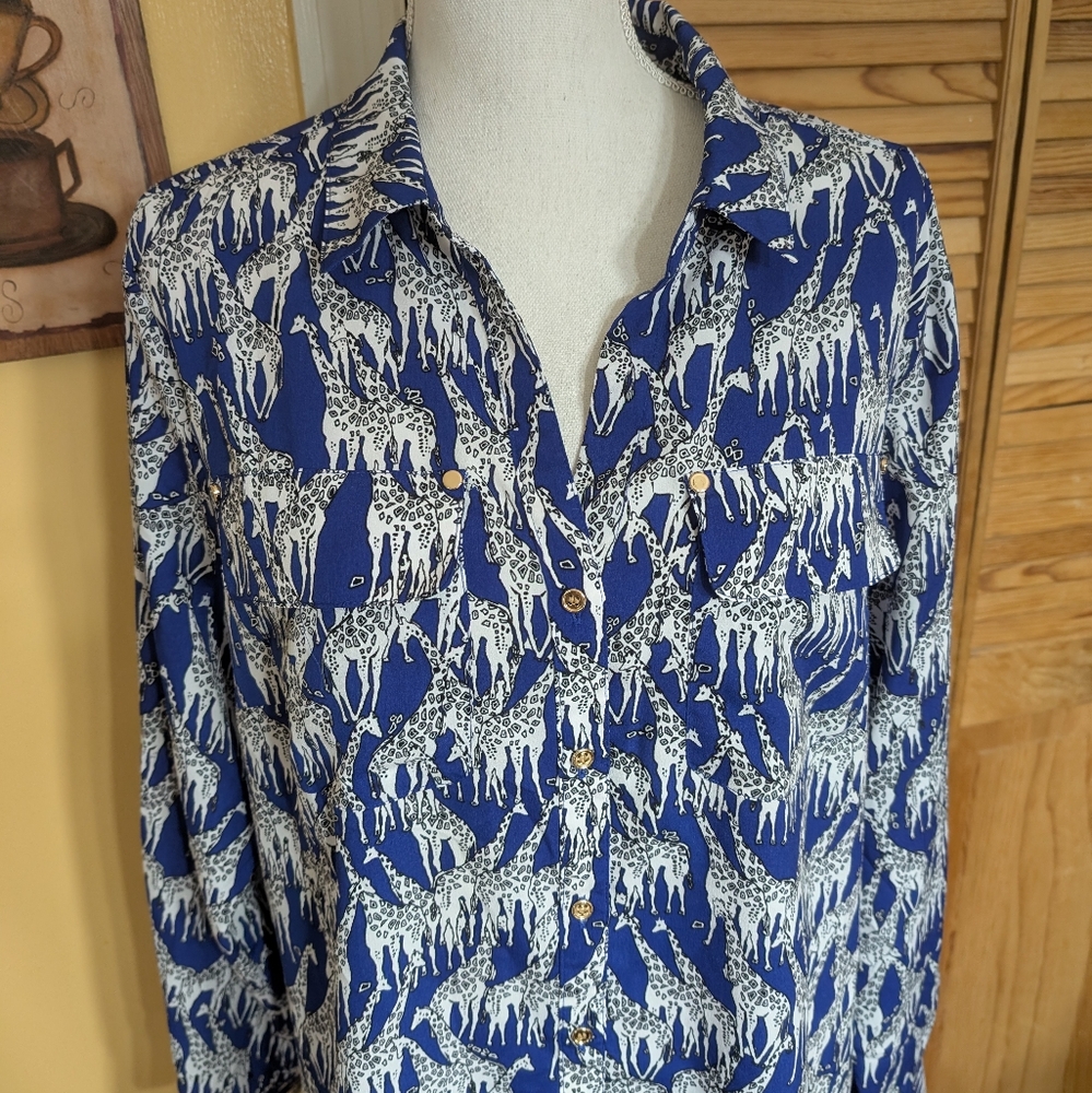 Charter Club Giraffe Patterned Blue & White Blouse XL